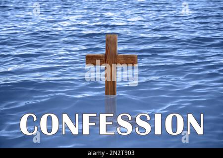 Parola Confessione vicino croce cristiana in legno in acqua Foto Stock