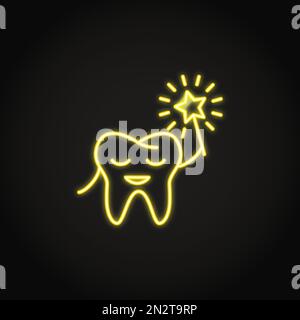 Icona del dente sorridente al neon in stile linea. Concetto di cura dei denti per bambini. Simbolo di igiene orale pediatrico. Illustrazione del vettore stomatologico. Illustrazione Vettoriale