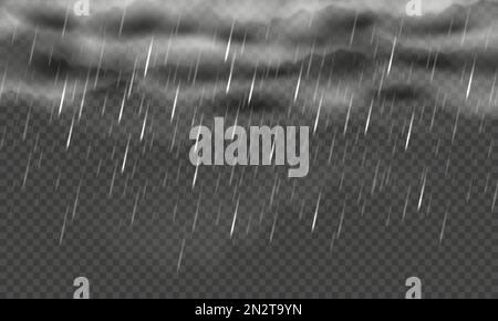Sfondo giorno piovente. Tempo bagnato, cielo piovoso con nuvole e gocce di pioggia in caduta. Immagini vettoriali realistiche di sovrapposizione delle precipitazioni isolate Illustrazione Vettoriale