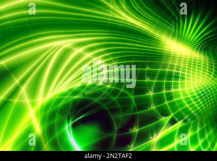 Sfondo verde futuristico astratto con linee al neon brillanti che formano ornamento geometrico nel buio Foto Stock