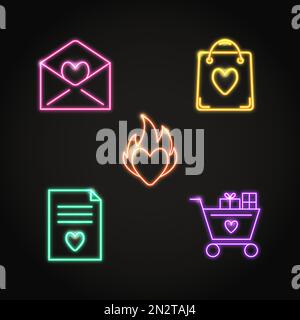 Icona neon San Valentino impostata in stile linea. Collezione di simboli d'amore tra cui lettera romantica, shopping bag, cuore sul fuoco, contratto di matrimonio e shopping Illustrazione Vettoriale