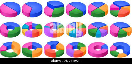 Grafici a torta isometrici colorati. Visualizzazione dei dati, statistiche di condivisione percentuale e segmenti di volume grafico a cerchio 3D set di illustrazioni vettoriali Illustrazione Vettoriale