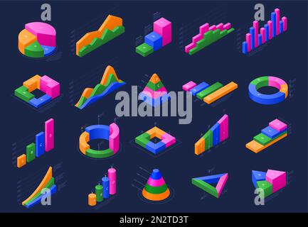 Infografica isometrica. Grafico ascendente, diagramma a torta e grafico di dati statistici per il disegno di presentazione Set di illustrazioni vettoriali 3D Illustrazione Vettoriale