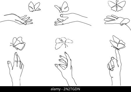 Le mani di una linea rilasciano le farfalle. Manuale con farfalla su dito, libertà e set di illustrazioni vettoriali disegnate a mano per l'estate spensierato Illustrazione Vettoriale