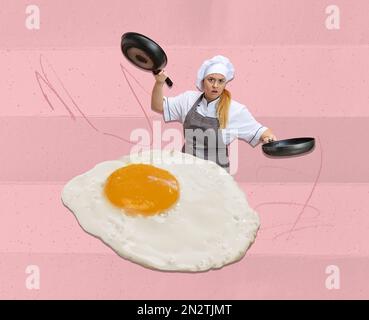 Collage d'arte contemporanea. Design creativo. Donna emozionale a immagine dello chef, in bianco uniforme cottura uova fritte con due padella Foto Stock