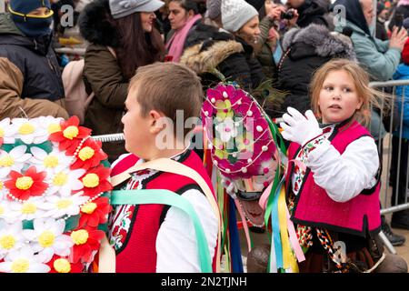 Ballerini Kukeri smascherati hanno chiamato Startsi dopo lo spettacolo al Surva International Masquerade and Mummers Festival di Pernik, Bulgaria Foto Stock