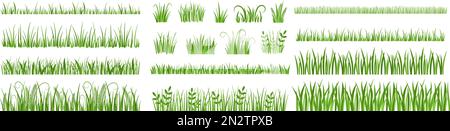 Cartoon foglie di erba. Ciuffo di prato verde, divisori di silhouette erbacee e set di vettori di vegetazione naturale del giardino di primavera Illustrazione Vettoriale