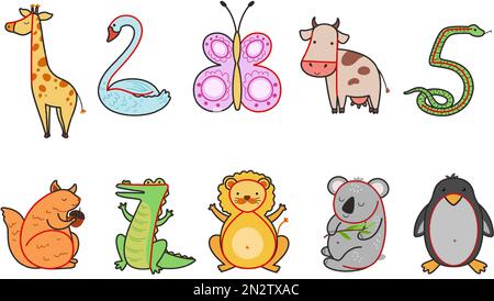 Disegnare l'animale dalla cifra. Impara a contare, scrivere numeri e disegnare animali da zoo. Gioco educativo per bambini set di illustrazioni vettoriali Illustrazione Vettoriale