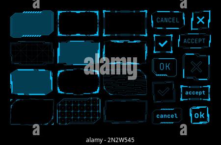 Telai futuristici. Sfondo elettronico cyberpunk e pulsanti dell'interfaccia utente futuristici. Set vettoriale interfaccia tecnologia sci Fi Illustrazione Vettoriale