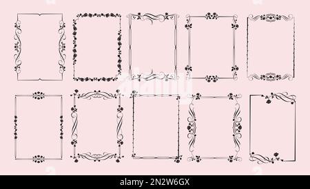 Cornici di rosa gotiche. Gothcore confina con fiori, foglie e punte di rose. Elegante set vettoriale per elementi decorativi in stile flourish Illustrazione Vettoriale