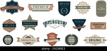 Badge retrò. Modello di etichetta vecchio stile per il design di adesivi o striscioni di qualità superiore. Collezione di vettori con frame emblem Illustrazione Vettoriale