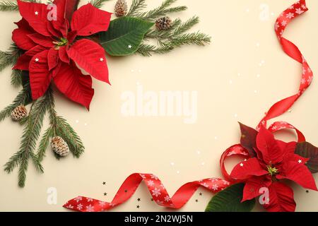 Composizione piatta con poinsettie (fiori di Natale tradizionali) e rami di abete su sfondo beige. Spazio per il testo Foto Stock