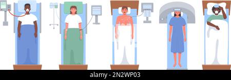 Vista dall'alto del paziente nel letto dell'ospedale. Ventilazione polmonare, cardiogramma, contagocce, RM e set di illustrazioni vettoriali per malati Illustrazione Vettoriale