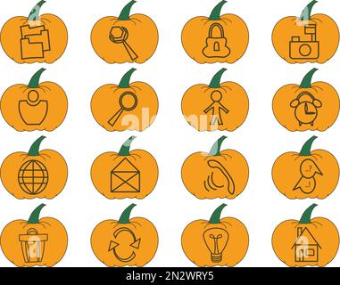 Set di icone con simboli dell'interfaccia utente con zucche arancioni per le decorazioni di Halloween e del Ringraziamento Illustrazione Vettoriale