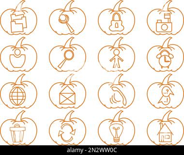 Set di icone con simboli dell'interfaccia utente con zucche a contorno per le decorazioni di Halloween e del Ringraziamento Illustrazione Vettoriale