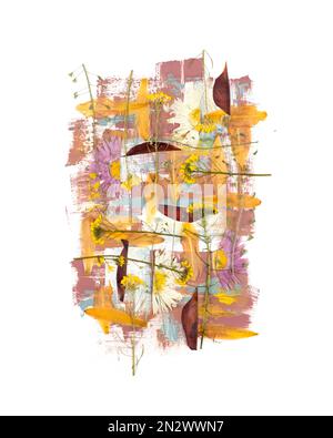 Arte botanica contemporanea di fiori pressati. Aristeria pressata Oshibana. Composizione geometrica di piante essiccate. Idea del poster Foto Stock