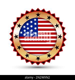 Badge oro e icona con simbolo della bandiera USA. Illustrazione Vettoriale