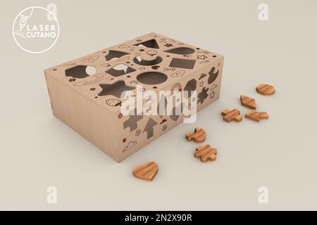 Scatola di legno con vari fori sagomati e blocchi che possono essere ordinati nei fori corrispondenti, contribuendo al riconoscimento della forma e alla coordinazione occhio-mano Illustrazione Vettoriale