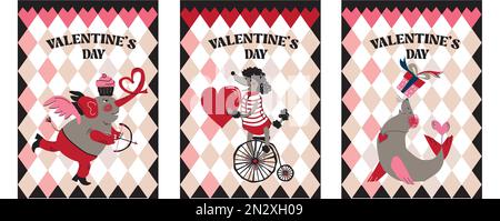 Modello creativo e carino per il giorno di San Valentino per i social media con simpatico saluto di animali da circo per biglietto, poster. Illustrazione Vettoriale