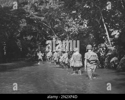 GUADALCANAL, Isole SALOMONE - circa 1942-1943 - i Marines statunitensi avanzano attraverso la fitta giungla del fiume Tenaru in una missione per distruggere due 77mm giapponesi Foto Stock