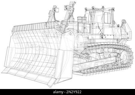 Potente apripista idraulico. Telaio a filo. Trasporto dell'illustrazione del vettore del veicolo. I livelli delle linee visibili e invisibili sono separati. Formato EPS10 Illustrazione Vettoriale