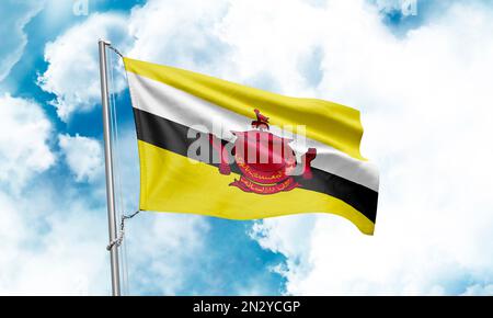 Bandiera del Brunei che sventola sullo sfondo del cielo. Rendering 3D Foto Stock