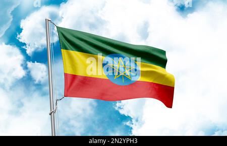 Bandiera dell'Etiopia che sventola sullo sfondo del cielo. Rendering 3D Foto Stock