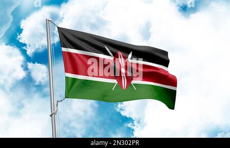 Bandiera del Kenya che sventola sullo sfondo del cielo. Rendering 3D Foto Stock