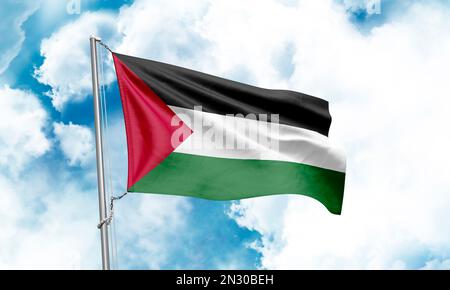 Bandiera palestinese che sventola sullo sfondo del cielo. Rendering 3D Foto Stock