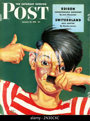 1943 Hitler Caricature -The Saturday Evening Post - copertina della rivista americana durante la seconda guerra mondiale Foto Stock