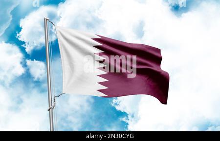 Bandiera del Qatar che ondola sullo sfondo del cielo. Rendering 3D Foto Stock