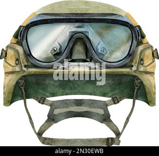 Acquerello casco tattico militare con occhiali. Per il design dell'abbigliamento Foto Stock
