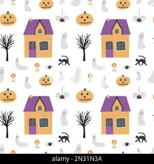 Cute counrty case e fantasma Halloween modello Illustrazione Vettoriale