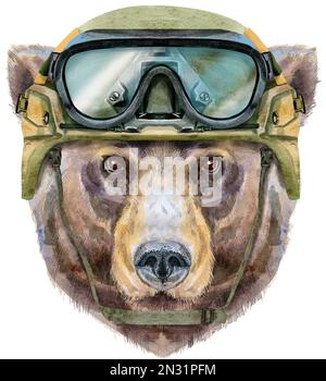 Ritratto in casco tattico militare con occhiali. Acquerello marrone orso pittura illustrazione. Bellissimo mondo della fauna selvatica Foto Stock