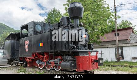 Treno a vapore vintage che attraversa le montagne dei Carpazi in Maramures Romania. Foto Stock