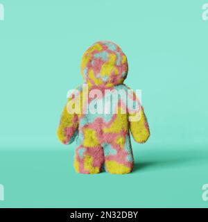 Carino peluche arcobaleno Yeti 3D rendering peloso cartone animato sfondo turchese. Sfaccettature colorate pelliccia terry bigfoot.moderno creativo minima Foto Stock