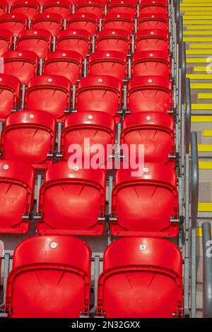 Sezione colorata di mobili in uno stadio di calcio inglese Foto Stock