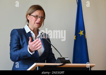 Genf, Svizzera. 07th Feb, 2023. Interviene l'ambasciatore Katharina Stasch durante la visita del Presidente federale a Ginevra. Credit: Britten/dpa/Alamy Live News Foto Stock