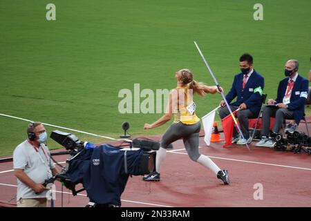 06 AGOSTO 2021 - Tokyo, Giappone: Christin HUSSONG di Germania nella finale di lancio di Javelin femminile di atletica ai Giochi Olimpici di Tokyo 2020 (Foto: Mickael Foto Stock