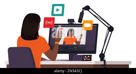 youtuber professionale e influencer in streaming live sui social media, sta sventolando alla telecamera Illustrazione Vettoriale