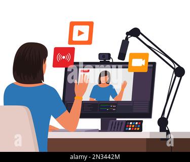 youtuber professionale e influencer in streaming live sui social media, sta sventolando alla telecamera Illustrazione Vettoriale