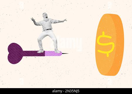 Foto minimalistic collage poster immagine del pensionato anziano uomo maturo sogno guadagnare più soldi isolati su sfondo dipinto Foto Stock