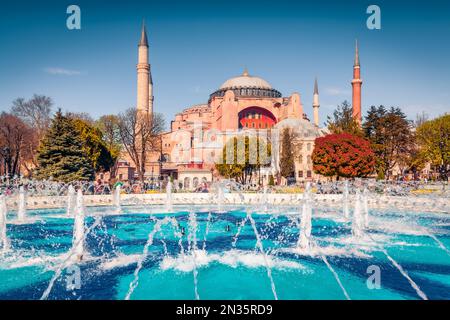 Splendida vista primaverile del parco Sultan Ahmet a Istanbul, Turchia, Europa. Scena mattutina luminosa del Museo Ayasofya (Hagia Sophia). Concetto di viaggio indietro Foto Stock