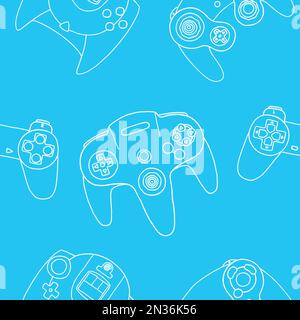Modello di controller di gioco senza interruzioni. Illustrazione vettoriale in stile contorno piatto disegnato a mano su sfondo blu Illustrazione Vettoriale