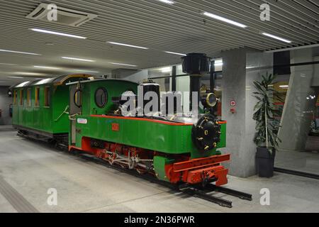 Una locomotiva a vapore vintage a scartamento ridotto costruita da Henschel & Sohn nel 1918, in esposizione all'interno della stazione ferroviaria centrale di Sofia, Bulgaria Foto Stock