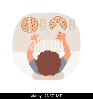 Frazioni equivalenti illustrazione del vettore di cartone animato isolato. Introduzione alla divisione, scuola elementare, carta pieghevole per bambini, esercizi con fette di pizza, identificazione di frazioni equivalenti vettoriali cartoni animati. Illustrazione Vettoriale