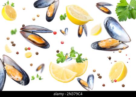 Cozze volanti, limoni e spezie su sfondo bianco Foto Stock