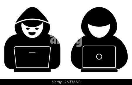 Hacker con le icone del laptop. Illustrazione vettoriale isolata su sfondo bianco Illustrazione Vettoriale