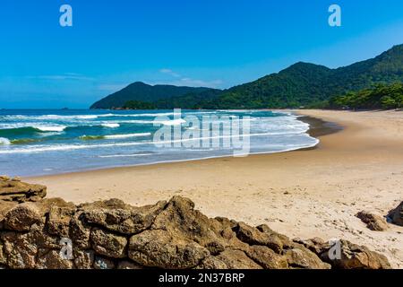 Splendida spiaggia a Bertioga sulla costa settentrionale dello stato di San Paolo, circondata da foreste e montagne incontaminate Foto Stock