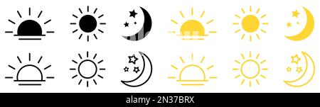 Set di icone dell'ora del giorno. Icone del tramonto, del sole, della luna. Illustrazione vettoriale Illustrazione Vettoriale